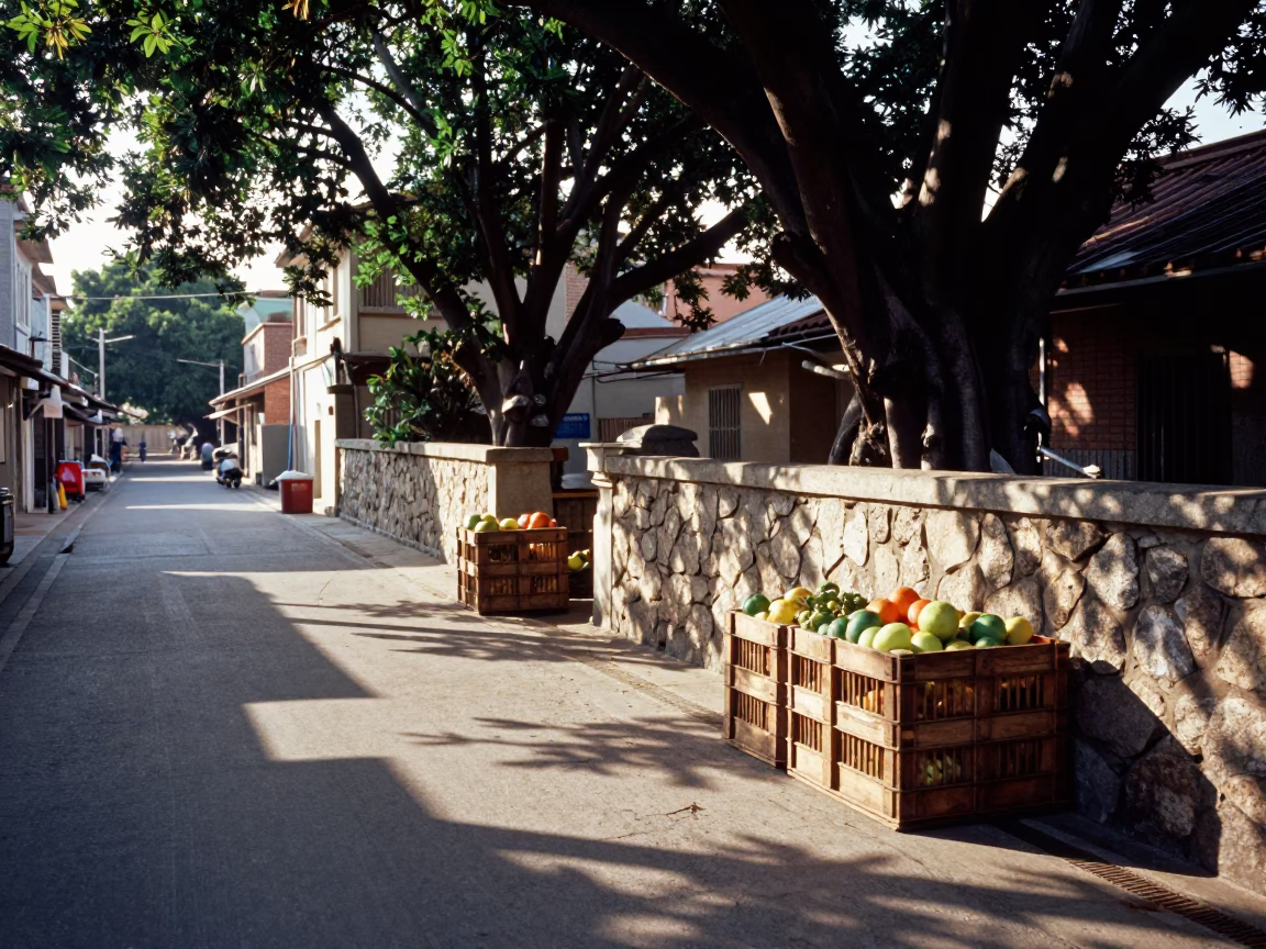 Early afternoon street scene in Tainan with fruit crates and ivy vines in in Tainan, Taiwan