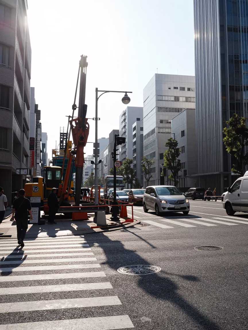 Early Afternoon Street Scene in Tokyo Japan with Construction and Udon Shop in in Tokyo, Japan