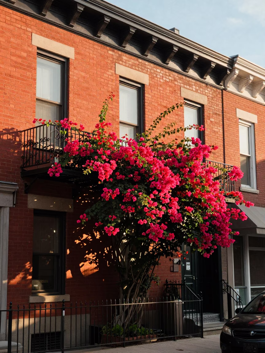 Early Afternoon Street Scene in Toronto Ontario Featuring Bougainvillea and Urban Architecture in in Toronto, Ontario, Canada