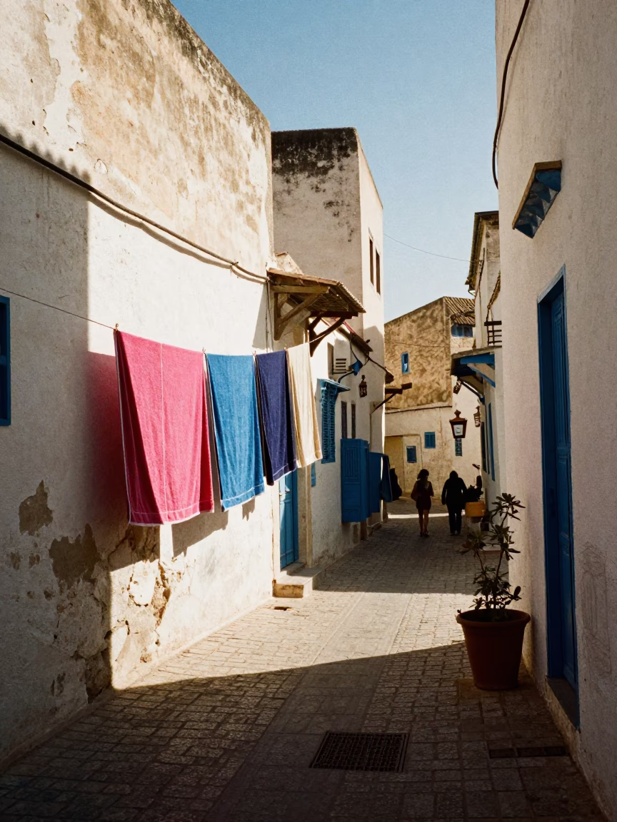 Early Afternoon Street Scene in Tunis Tunisia with Bath Towels Drying in in Tunis, Tunisia