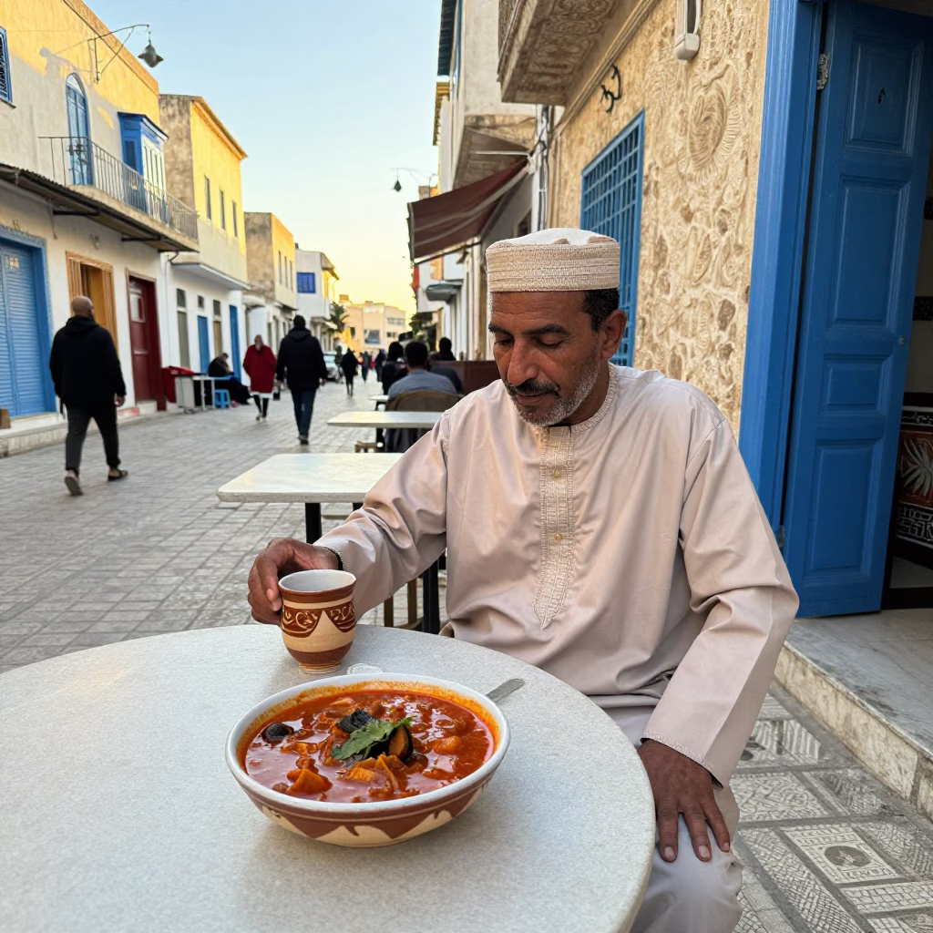 Early Afternoon Street Scene in Tunis Tunisia with Cup and Locro Stew in in Tunis, Tunisia