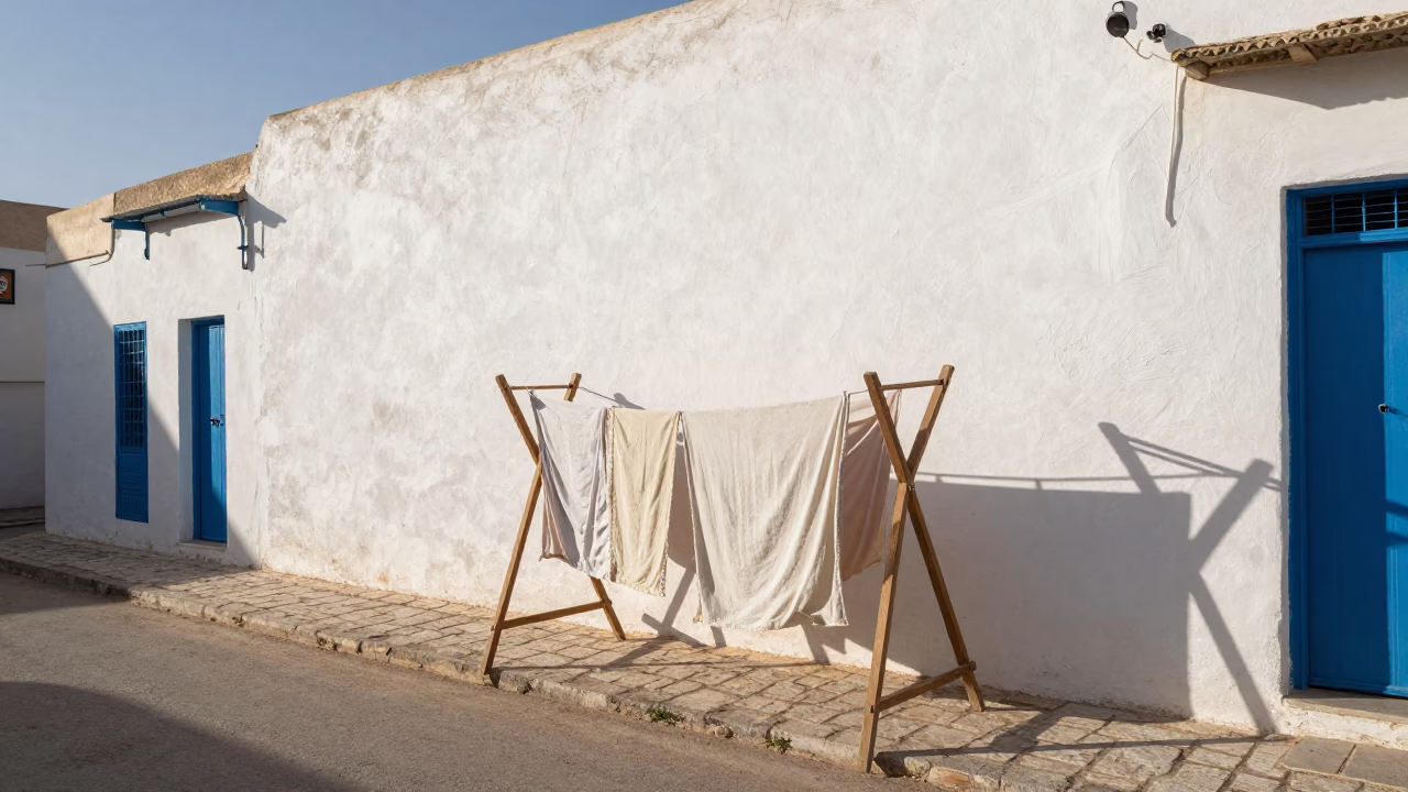 Early Afternoon Street Scene in Tunis Tunisia with Drying Rack and Stool in in Tunis, Tunisia