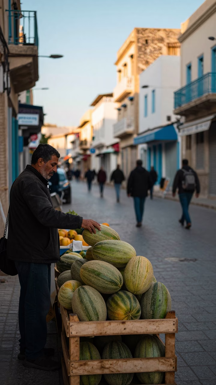 Early Afternoon Street Scene in Tunis Tunisia with Melons and Metro Train in in Tunis, Tunisia