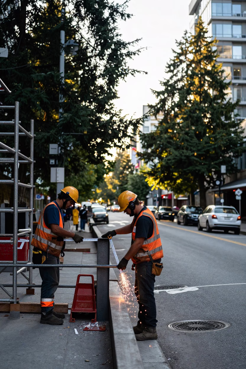 Early Afternoon Street Scene in Vancouver British Columbia Featuring Construction Workers and Urban Details in in Vancouver, British Columbia, Canada