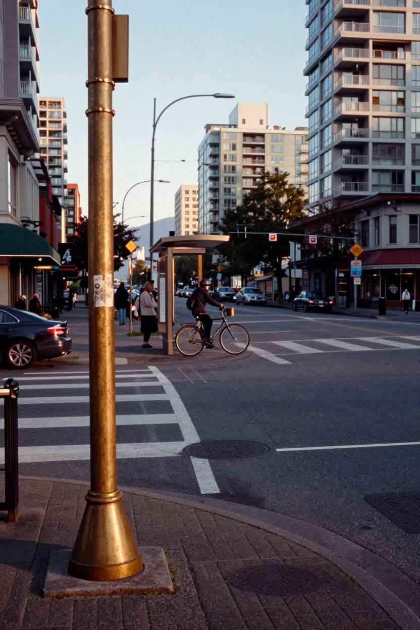 Early Afternoon Street Scene in Vancouver British Columbia with Brass Details and Urban Ivy in in Vancouver, British Columbia, Canada