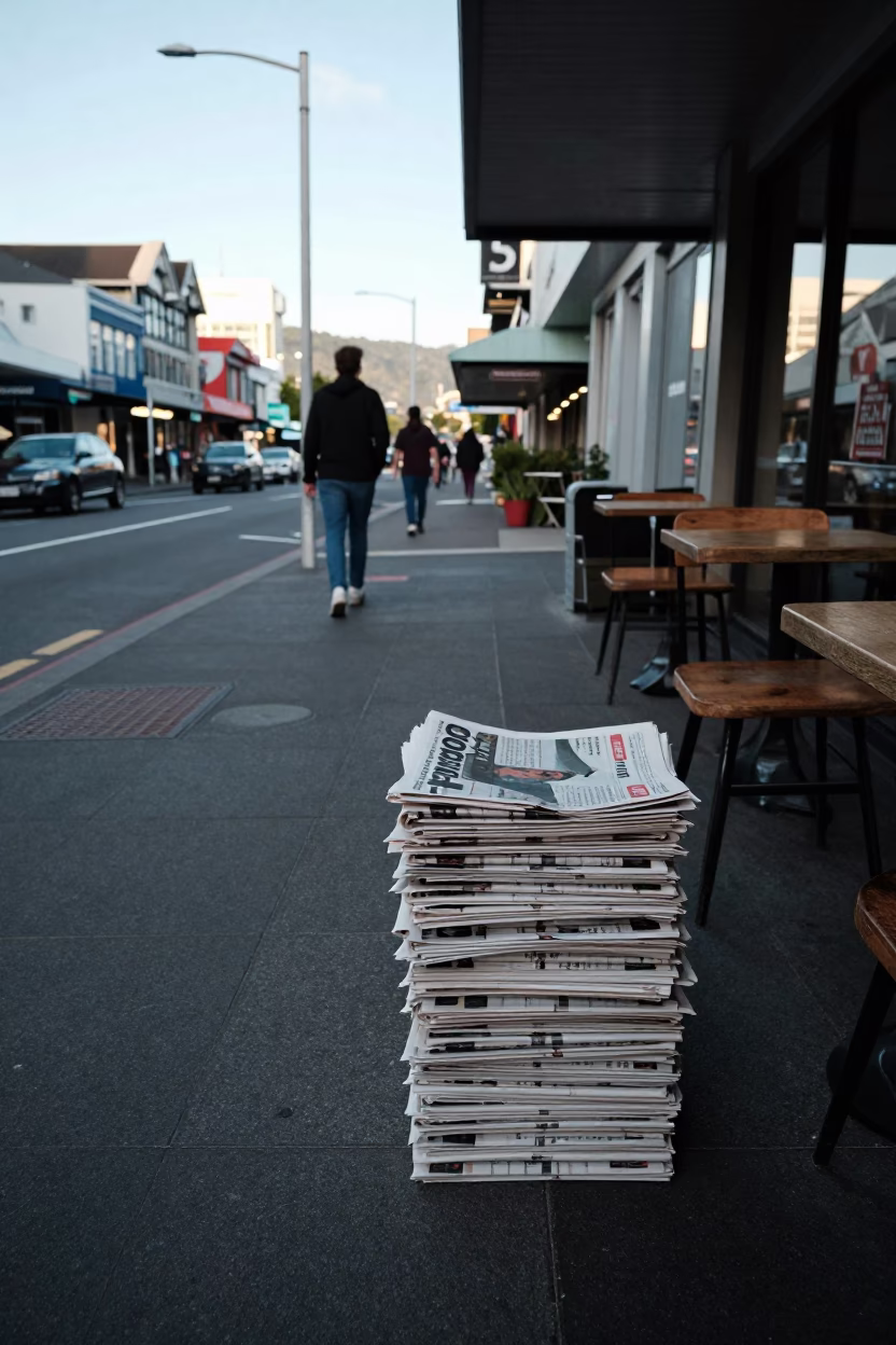 Early Afternoon Street Scene in Wellington New Zealand with Newspaper Stack and Pickle Jar in in Wellington, New Zealand