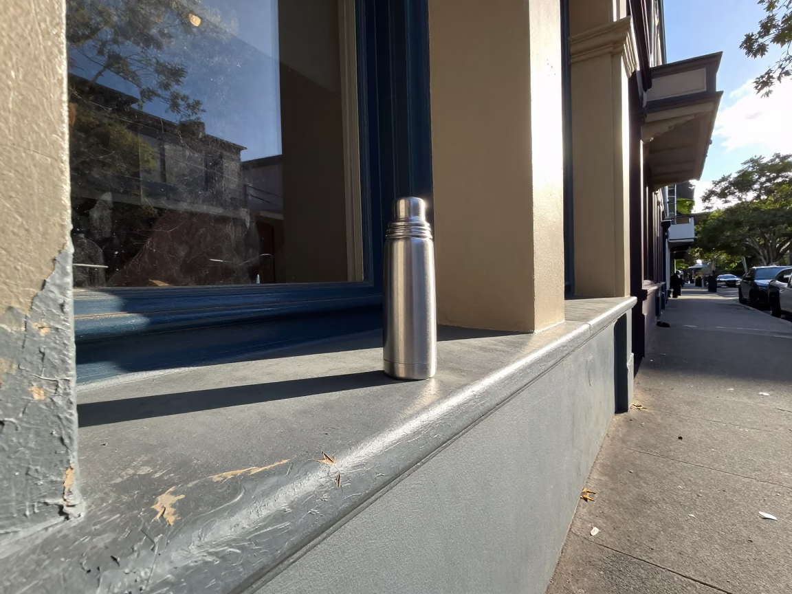 Early Afternoon Sunlight on Melbourne Victorian Terrace Sill with Thermos and Scarf in in Melbourne, Victoria, Australia