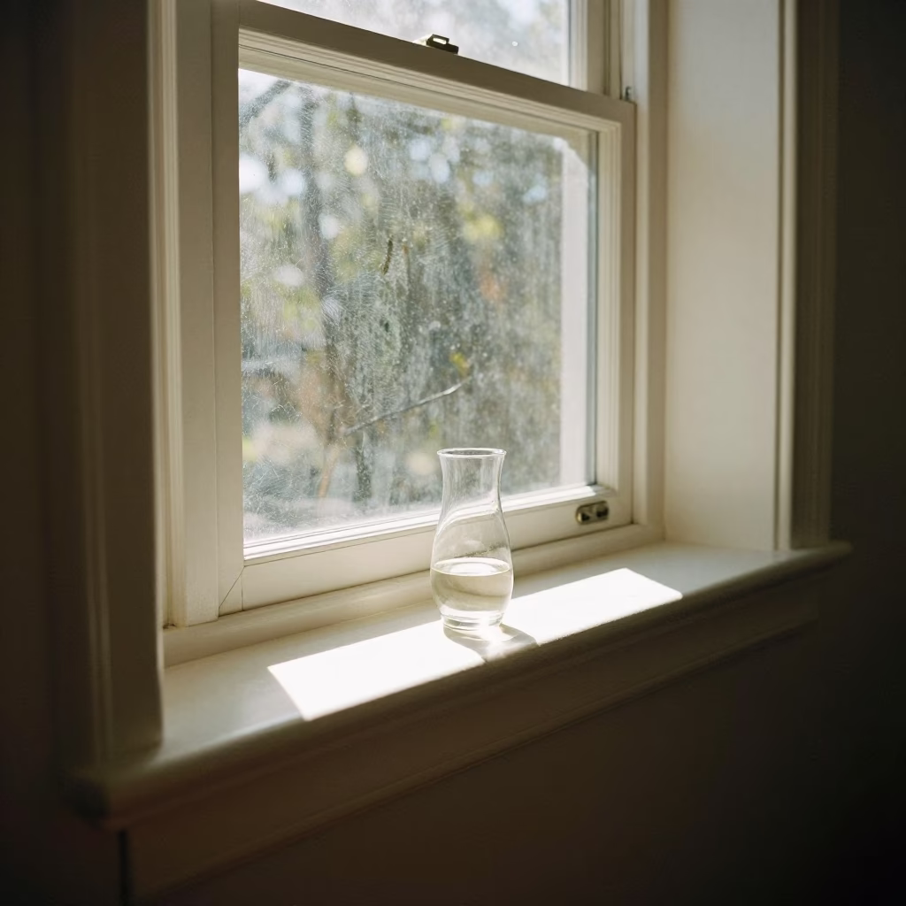 Early Afternoon Sunlight on Perth Window Sill with Drinking Vessel and Bell in in Perth, Western Australia, Australia