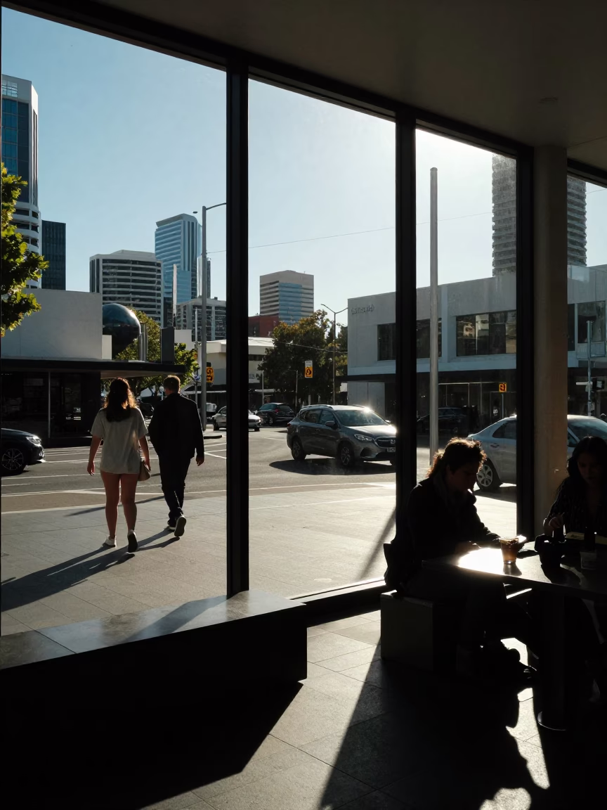 Early Afternoon Sunlight Striking Window Glass in Perth Western Australia Street Scene in in Perth, Western Australia, Australia