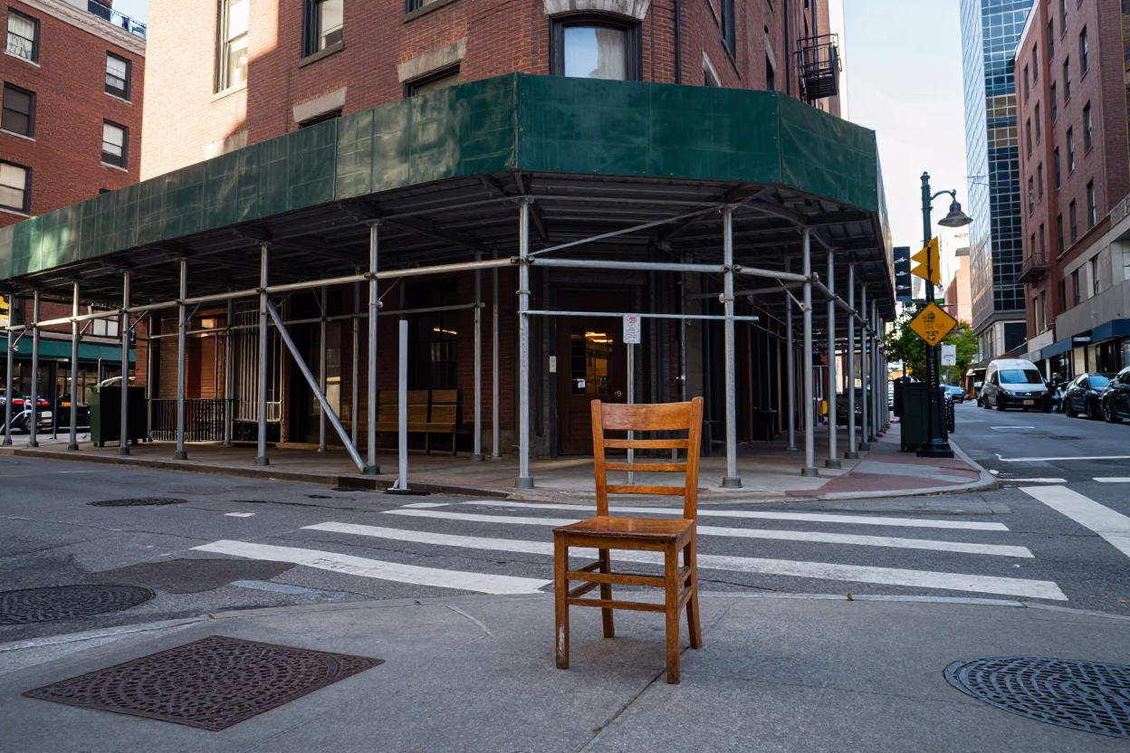Early Afternoon Urban Street Scene in Boston Massachusetts with Chair and Scaffold in in Boston, Massachusetts, United States