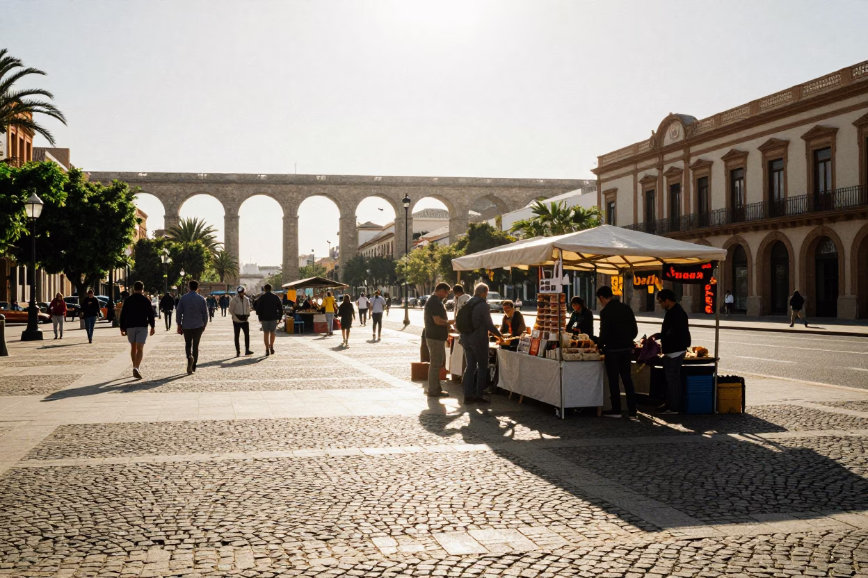 Early Afternoon Valencia Street Scene with Railway Viaduct and Local Market Activity in in Valencia, Spain