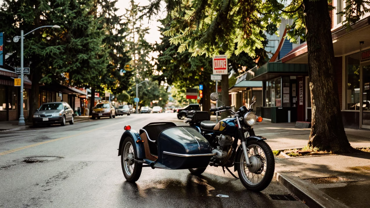 Early Afternoon Vancouver Street Scene with Vintage Motorcycle Sidecar and Avocados in in Vancouver, British Columbia, Canada