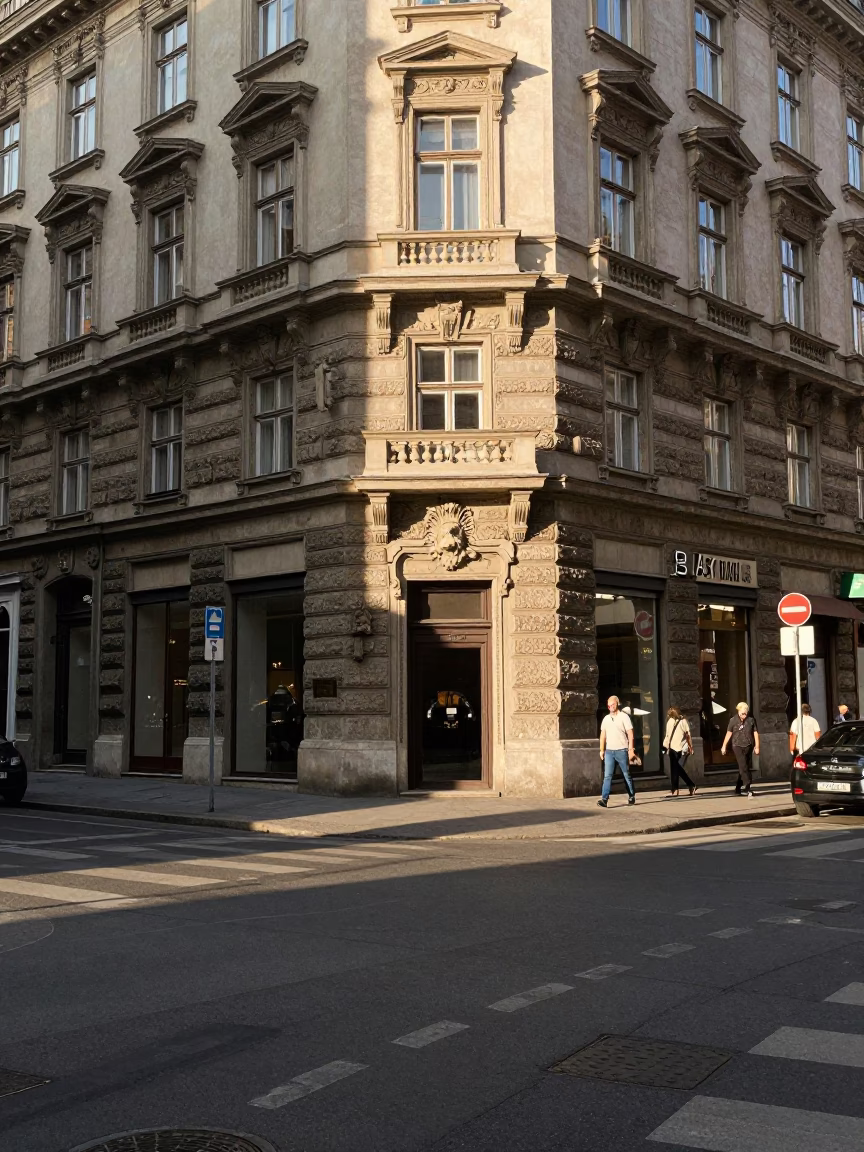 Early Afternoon Vienna Austria Street Scene with Sunlight and Local Details in in Vienna, Austria