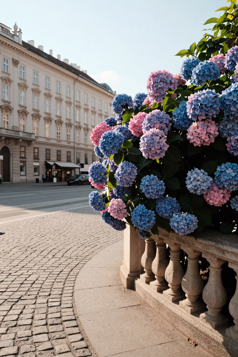 Early Afternoon Vienna Street Scene with Hydrangea Bush and Ceramic Cup in in Vienna, Austria