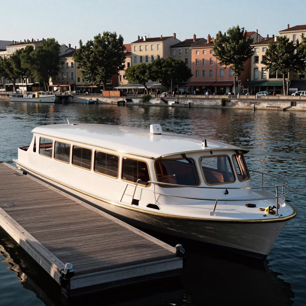 Early Afternoon Water Taxi at Floating Dock in Lyon France Cityscape in in Lyon, France
