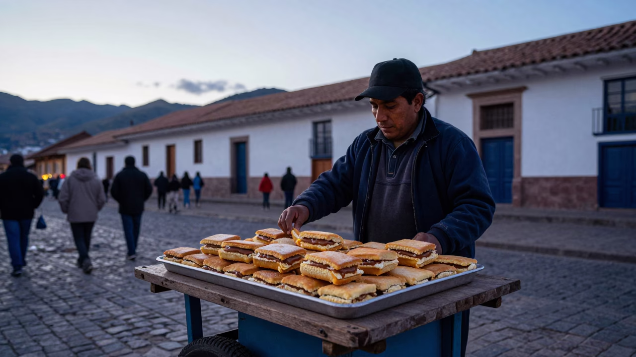 Early Commuters in Cusco at Sunrise Light in in Cusco, Peru