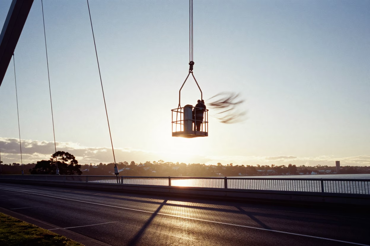Early Dawn Bridge Maintenance Cage Swinging in Hobart Tasmania Wind in in Hobart, Tasmania, Australia