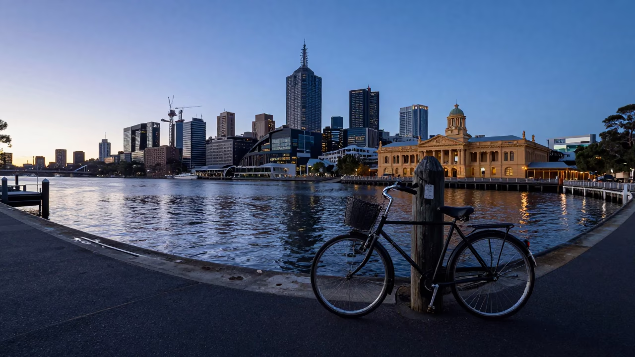 Early Dawn Harbor View with Vintage Bicycle and Tiffin Carrier in Melbourne Victoria in in Melbourne, Victoria, Australia