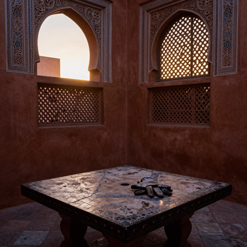 Early Dawn in Marrakech Medina Courtyard with Work Gloves and Salt Spoon in in Marrakech, Morocco