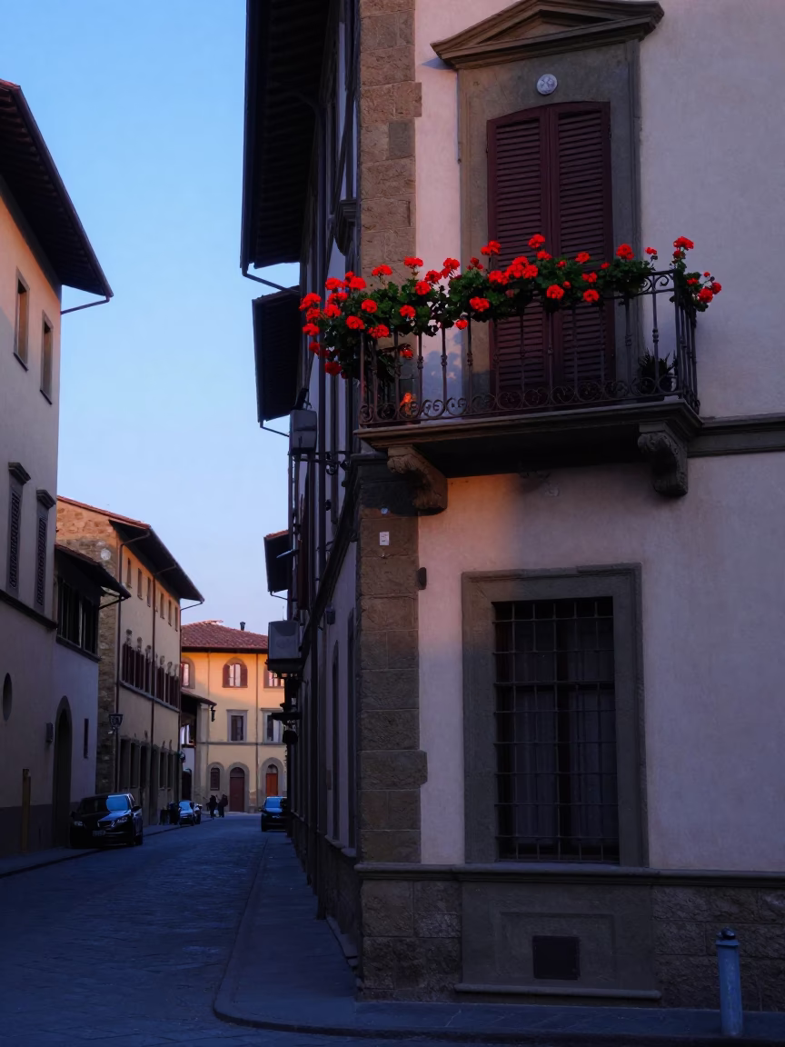 Early Dawn Light on Florentine Street Corner with Geraniums and Traditional Architecture in in Florence, Italy