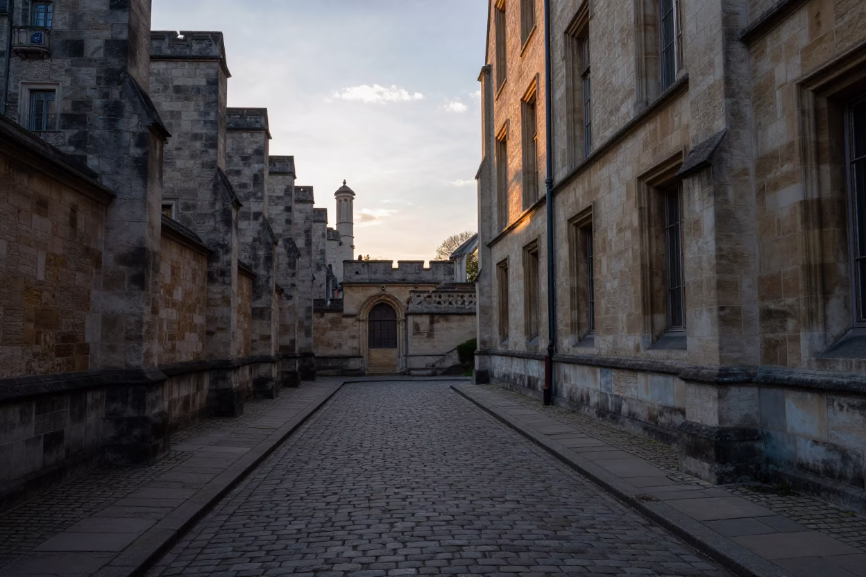 Early Dawn Light on Lyon University Cloister Walkway Between Old Stone Buildings in in Lyon, France