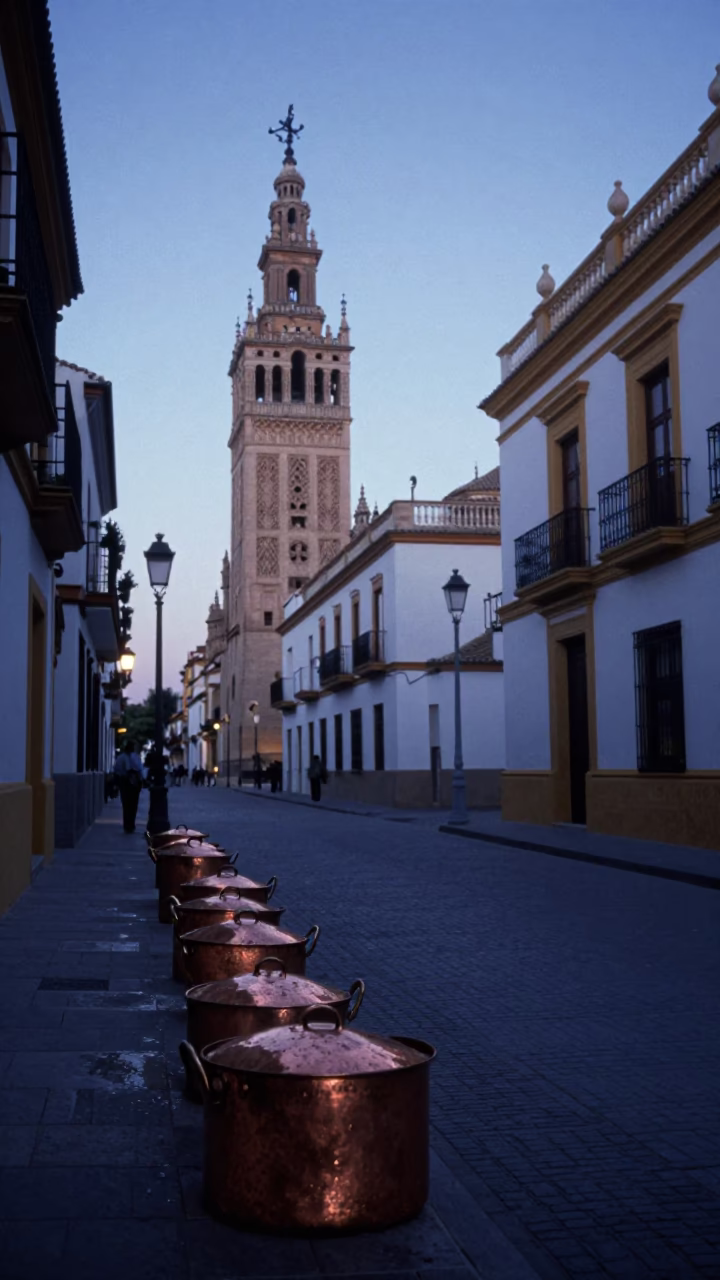 Early Dawn Seville Spain Street Scene with Copper Pots and Laundry Lines Before Sunrise in in Seville, Spain