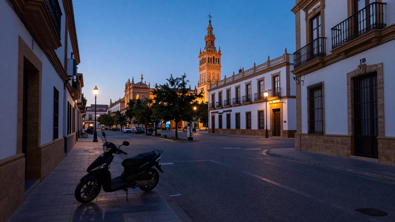 Early Dawn Seville Street Scene with Motorcycle and Local Architecture in in Seville, Spain