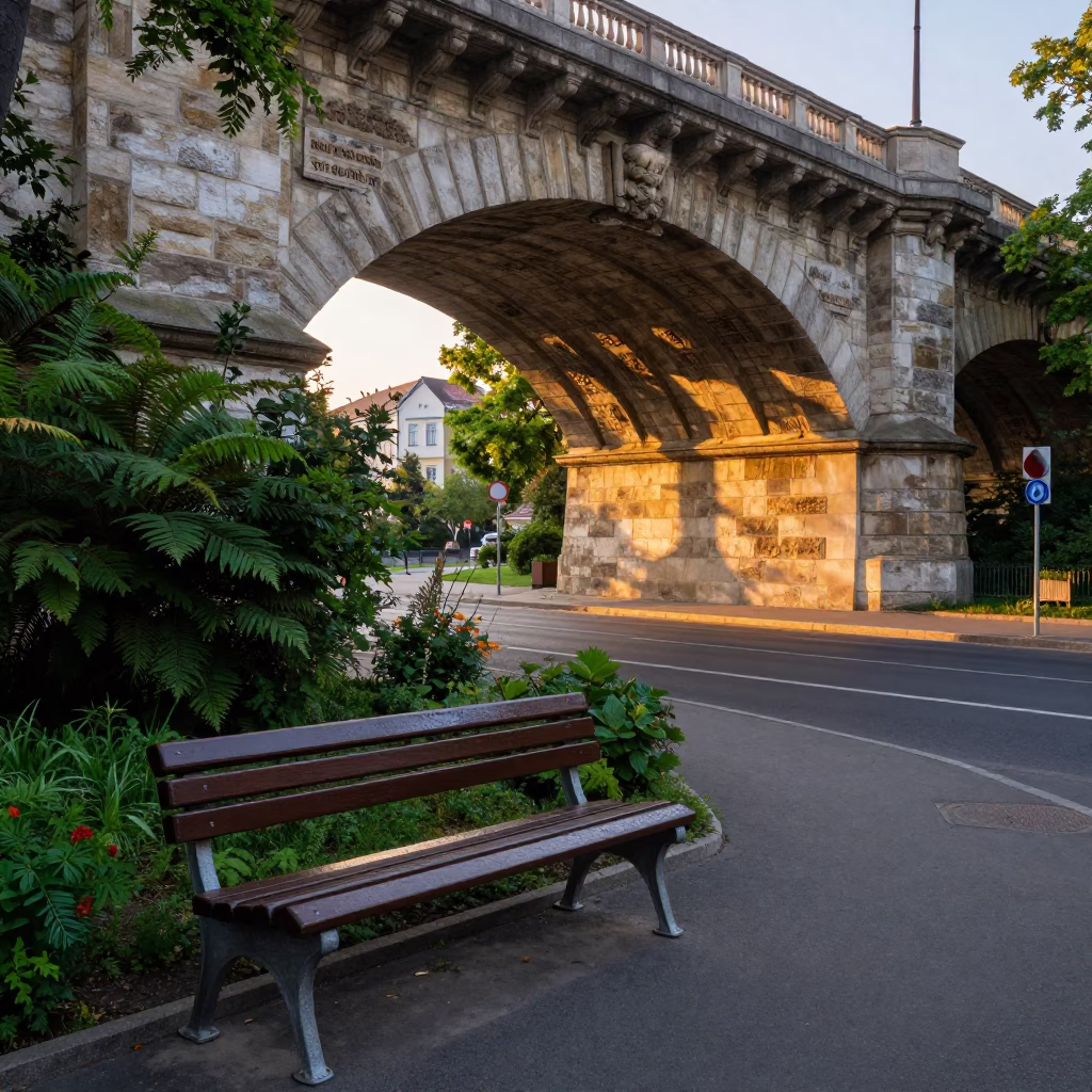 Early Dawn Street Scene in Budapest Hungary with Garden Benches and Stone Viaduct in in Budapest, Hungary