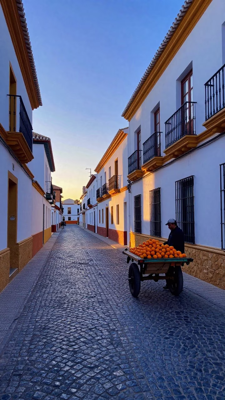 Early Dawn Street Scene in Granada Spain with Oranges on a Vendor Cart in in Granada, Spain