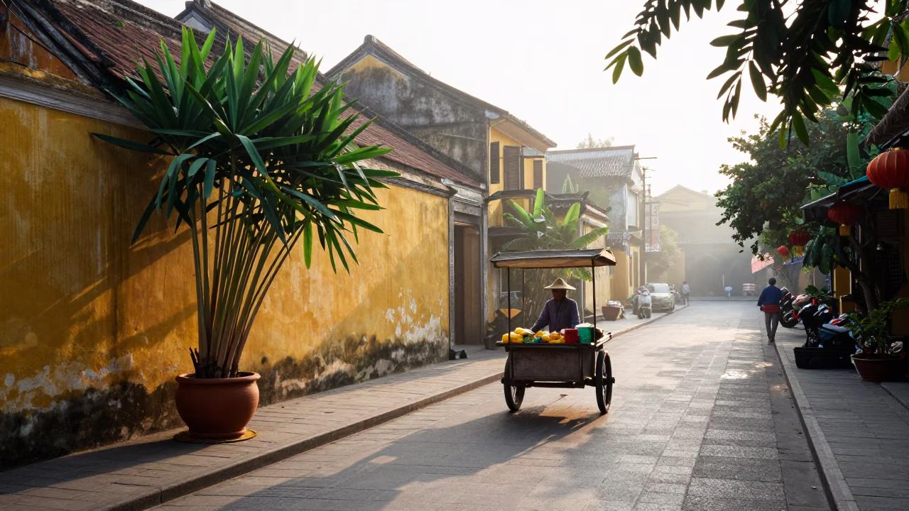 Early Dawn Street Scene in Hoi An Vietnam with Lemongrass and Clay Pots in in Hoi An, Vietnam