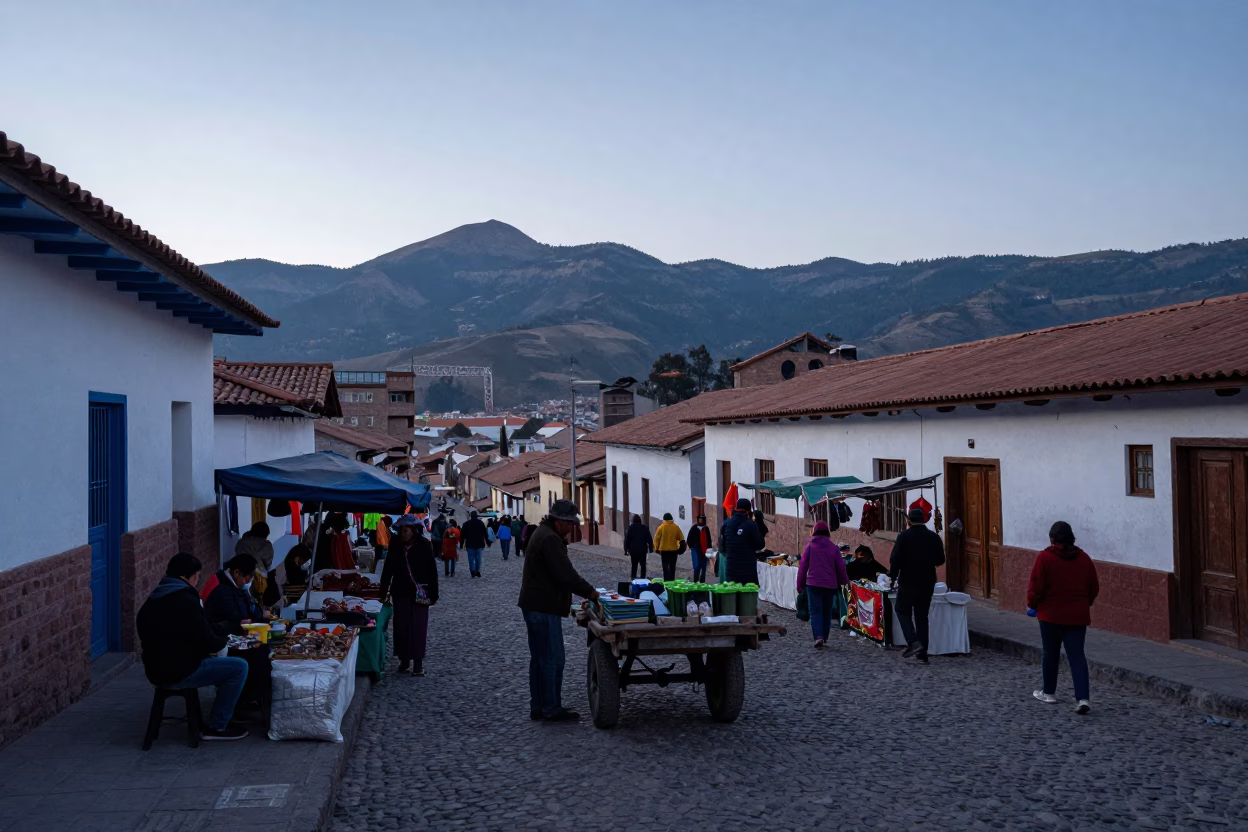 Early Dawn Street Scene in La Paz Bolivia with Local Market Activity in in La Paz, Bolivia