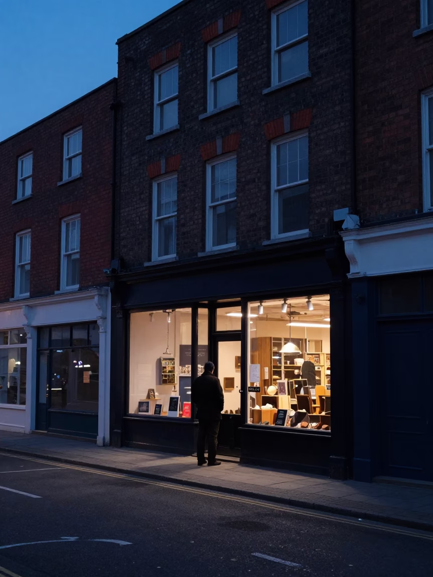Early Dawn Street Scene in Liverpool UK with Shopkeeper and Brooms in in Liverpool, United Kingdom