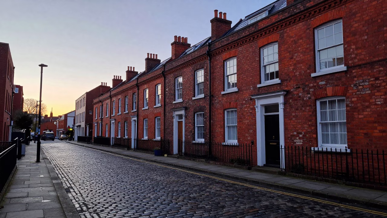 Early Dawn Street Scene in Liverpool United Kingdom with Red Brick Architecture in in Liverpool, United Kingdom