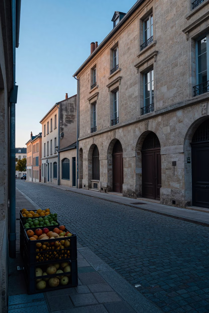 Early Dawn Street Scene in Lyon France with Fruit Crate and Linen Fringe Detail in in Lyon, France