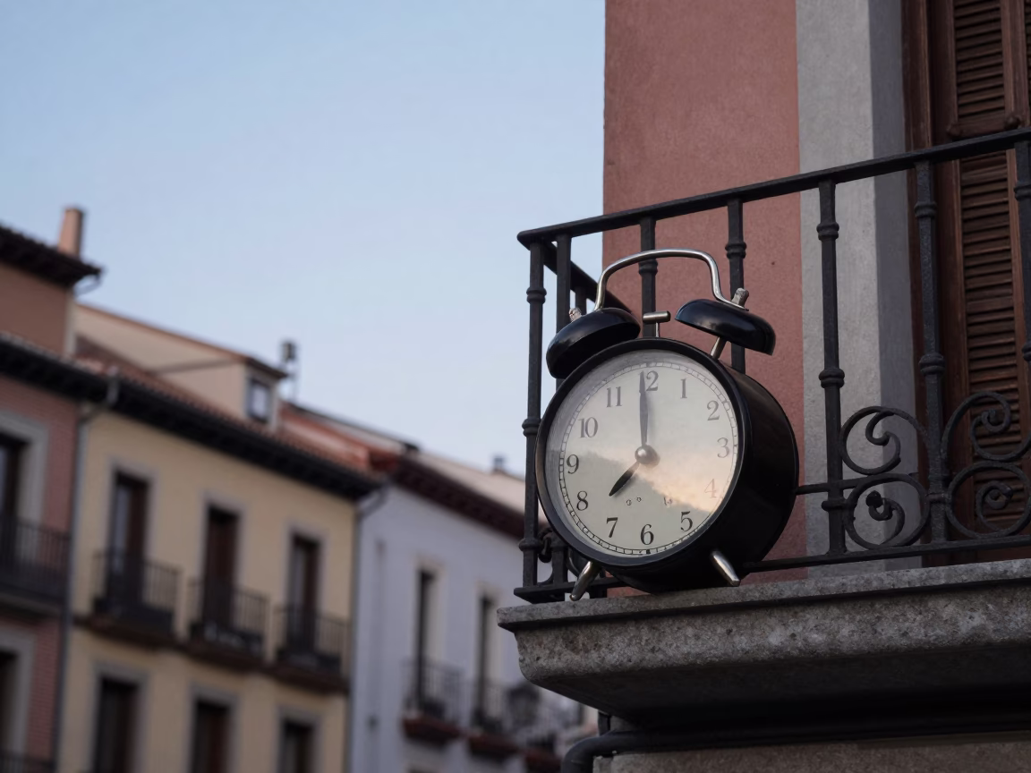 Early Dawn Street Scene in Madrid Spain with Vintage Alarm Clock and Gardenia Bush in in Madrid, Spain