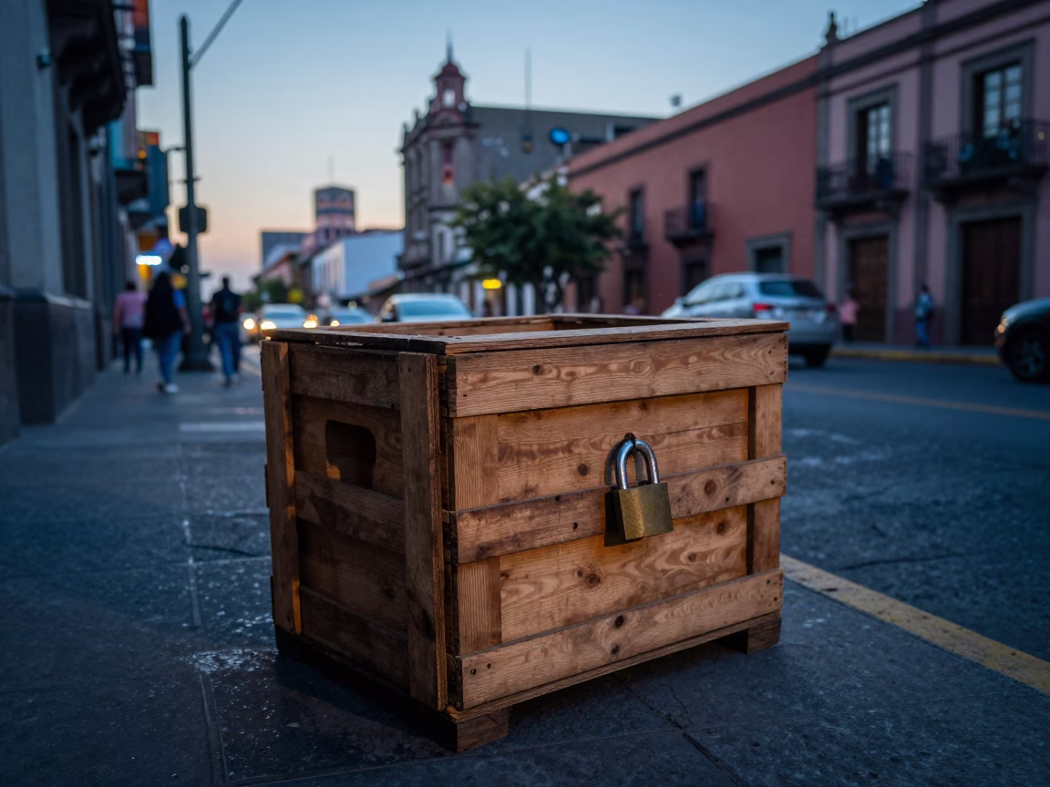 Early Dawn Street Scene in Mexico City with Crate and Padlock Detail in in Mexico City, Mexico