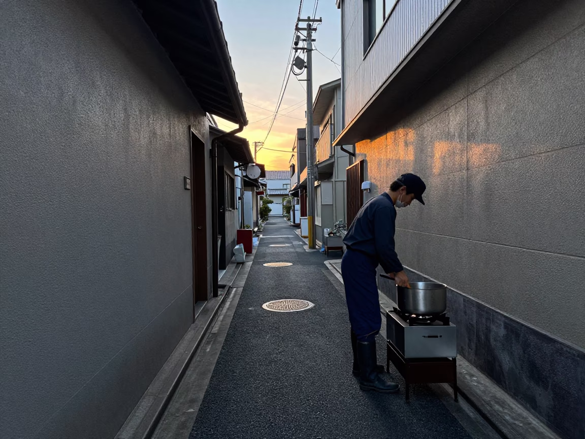 Early Dawn Street Scene in Osaka Japan with Saucepan and Indigo Fabric in in Osaka, Japan