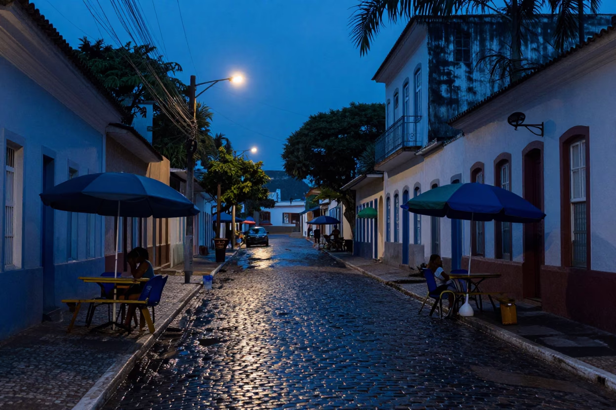 Early Dawn Street Scene in Salvador Brazil with Umbrellas and Daily Life in in Salvador, Brazil