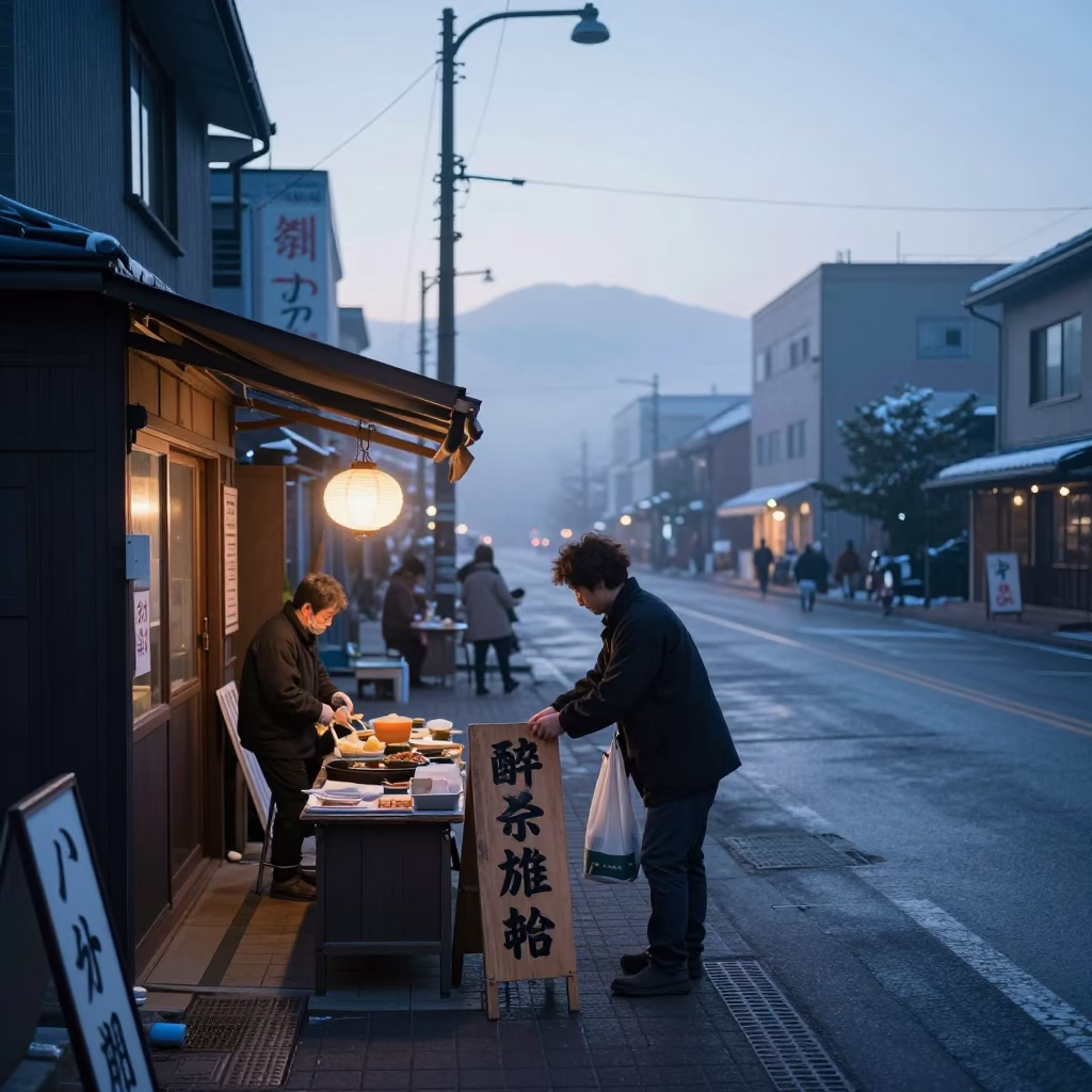 Early Dawn Street Scene in Sapporo Japan with Local Market Vendors and Morning Mist in in Sapporo, Japan