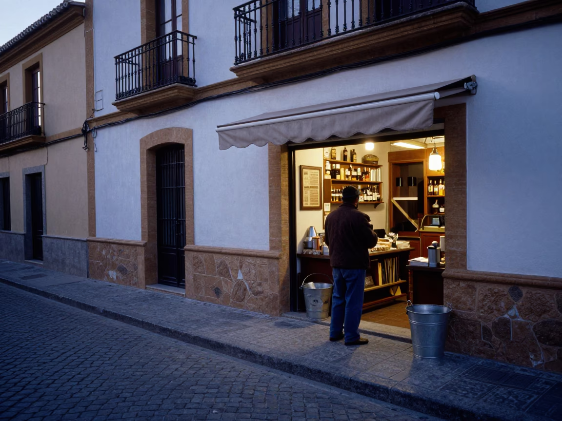 Early Dawn Street Scene in Seville Spain with Metal Bucket and Terracotta Bowls in in Seville, Spain