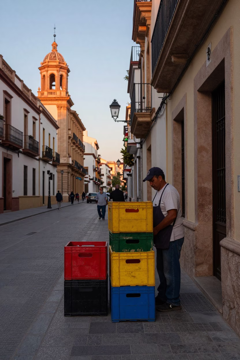 Early Dawn Street Scene in Valencia Spain with Colorful Crates and Local Market Activity in in Valencia, Spain