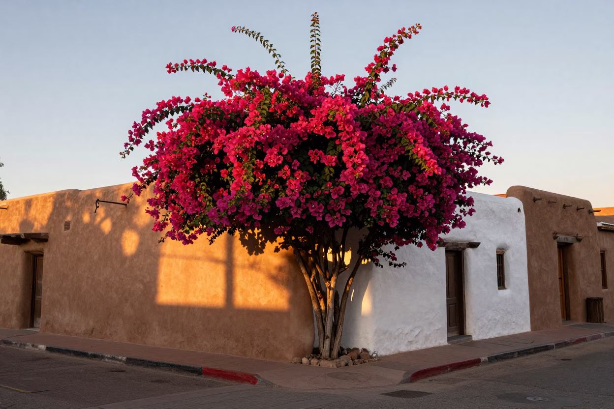 Early Evening Adobes and Bougainvillea in Santa Fe New Mexico in in Santa Fe, New Mexico, United States