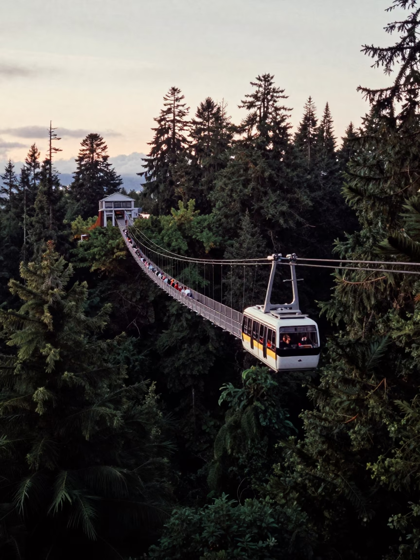 Early Evening Aerial Tramway View Over Vancouver Rainforest Canopy in British Columbia in in Vancouver, British Columbia, Canada