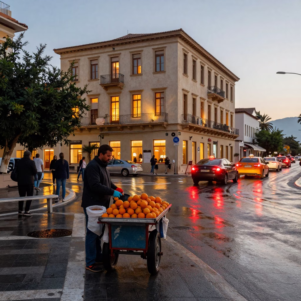 Early Evening Athens Street Scene with Oranges and Hotel Reflections in in Athens, Greece