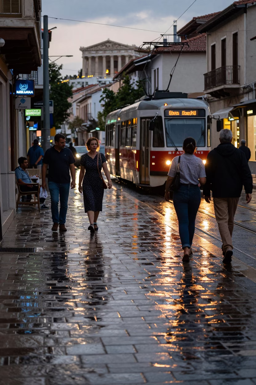 Early Evening Athens Street Scene with Tram Reflections and Cobblestones in in Athens, Greece