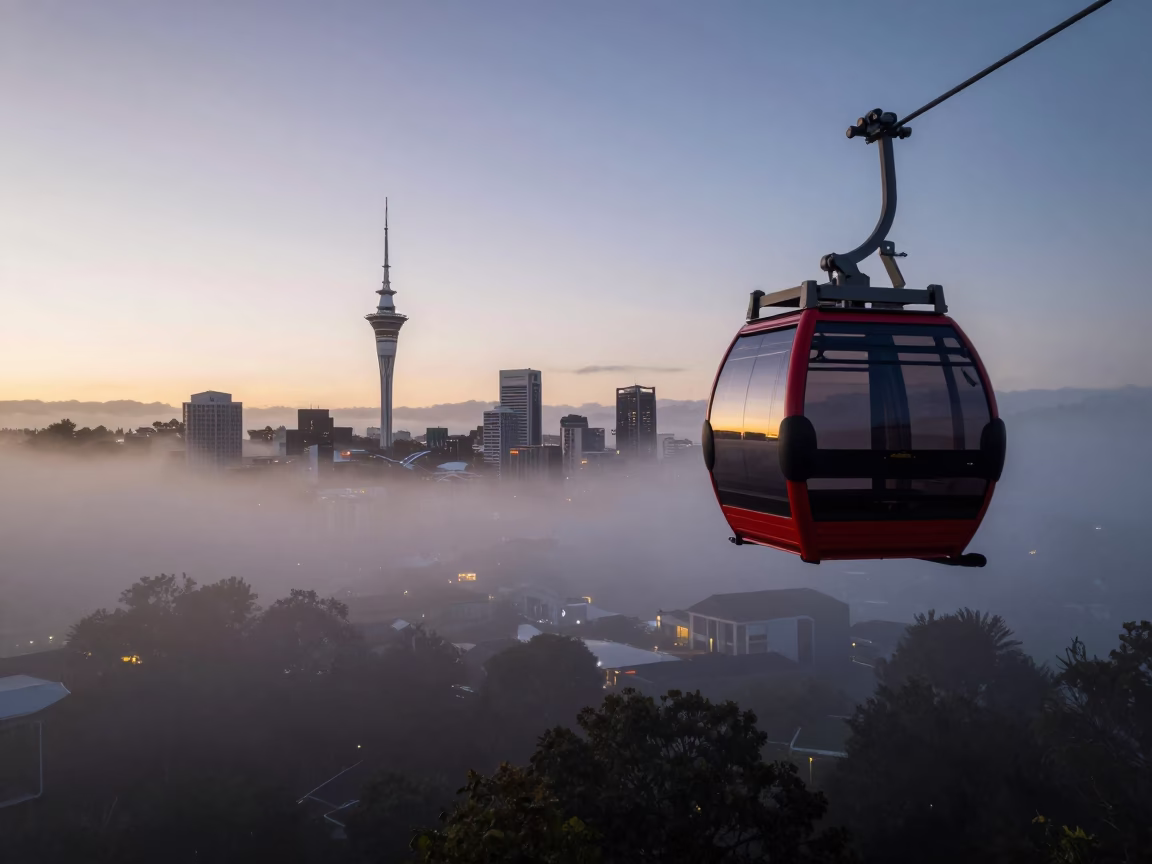 Early Evening Auckland Sky Tower Tram Gondola Fog and City Lights in in Auckland, New Zealand