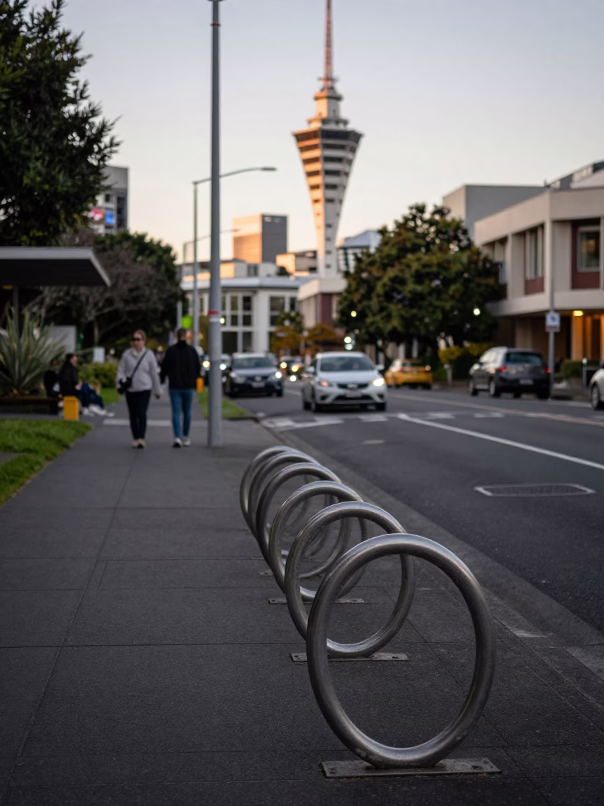 Early Evening Auckland Street Scene with Campus Bicycle Rack and Red Brick Lecture Building in in Auckland, New Zealand