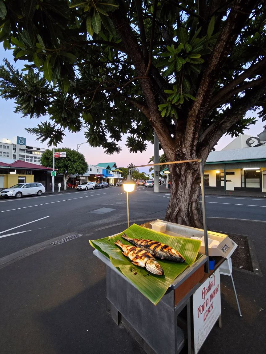 Early Evening Auckland Street Scene with Fig Tree and Grilled Fish in in Auckland, New Zealand