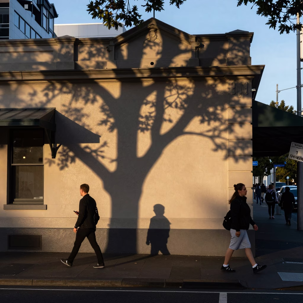 Early Evening Auckland Street Scene with Leaf Shadows and Local Market Activity in in Auckland, New Zealand