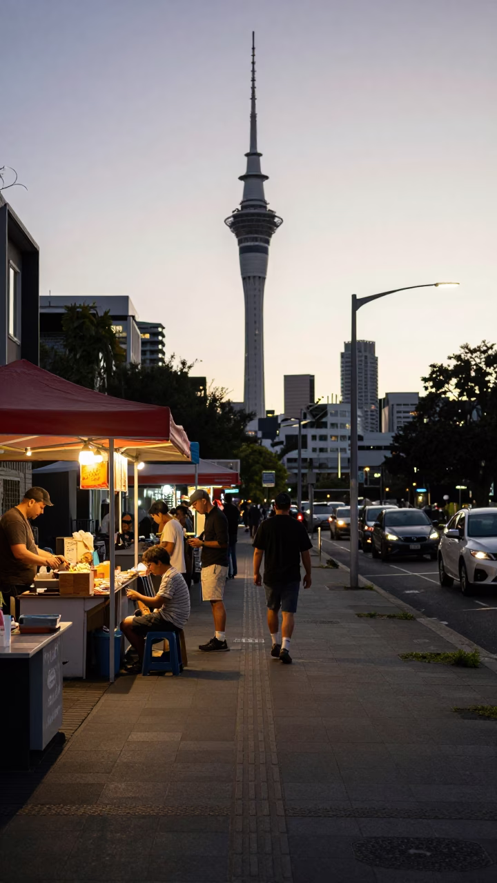 Early Evening Auckland Street Scene with Local Food and Vintage Pocket Watch in in Auckland, New Zealand